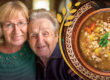 Woman with her senior mom and a bowl of delicious soup.