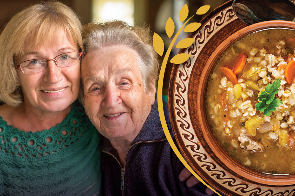 CYD-Souper-Dooper-Header-1135×757 Woman with her senior mom and a bowl of delicious soup.